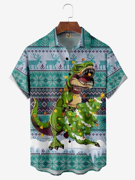 Christmas Dinosaur Snowflake Chest Pocket Short Sleeve Holiday Shirt
