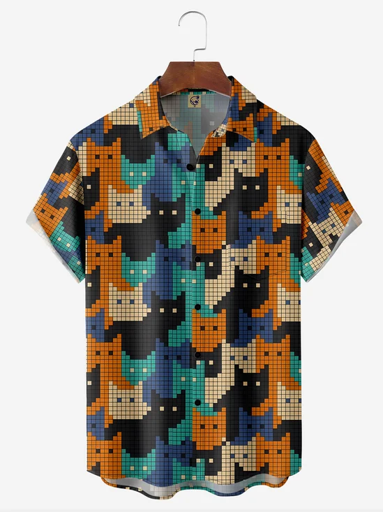 Mosaic Cat Chest Pocket Short Sleeve Casual Shirt