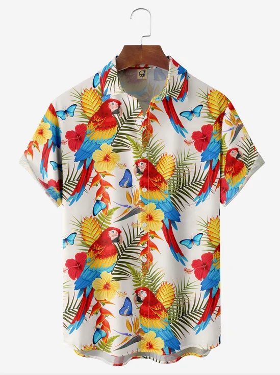 Parrot Leaf Chest Pocket Short Sleeve Hawaiian Shirt