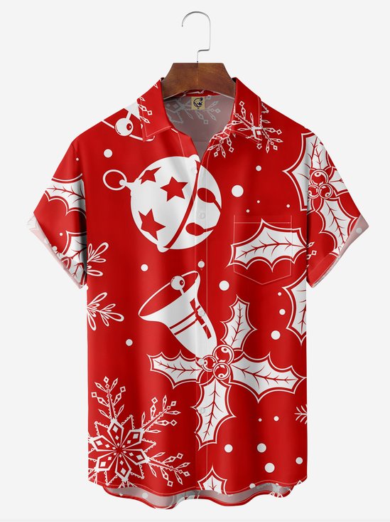 Christmas Jingle Bell Chest Pocket Short Sleeve Casual Shirt
