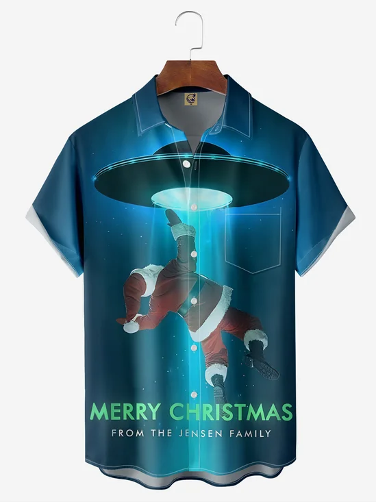 Alien Spaceship Santa Claus Chest Pocket Short Sleeve Casual Shirt
