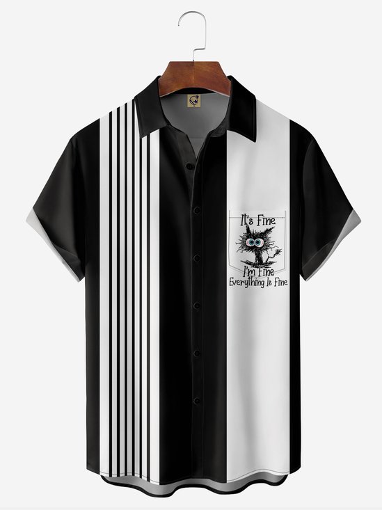 Hardaddy Funny Black Cat Chest Pocket Short Sleeve Bowling Shirt