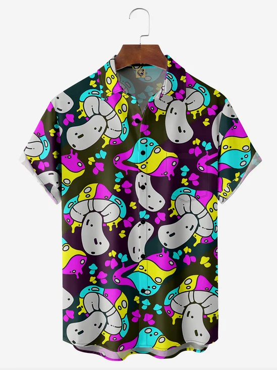 Hippie Mushroom Chest Pocket Short Sleeve Casual Shirt