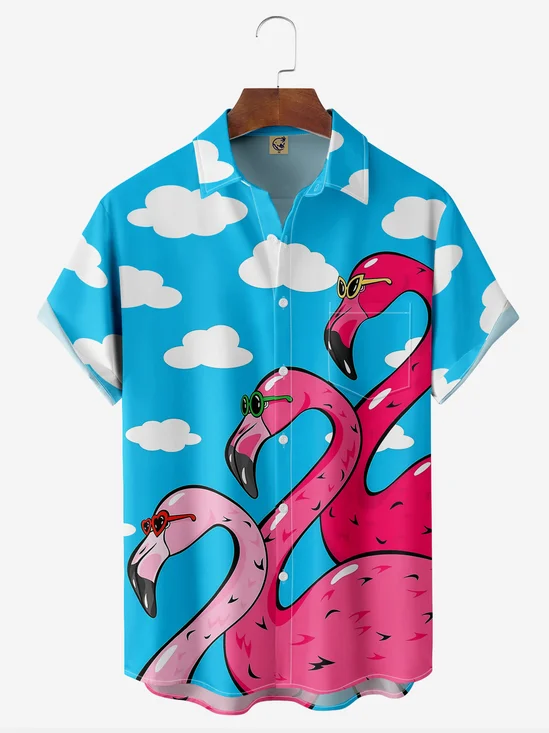 Flamingo Chest Pocket Short Sleeve Vacation Shirt