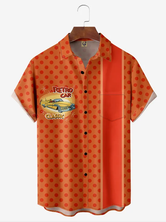 Retro Car Chest Pocket Short Sleeve Bowling Shirt