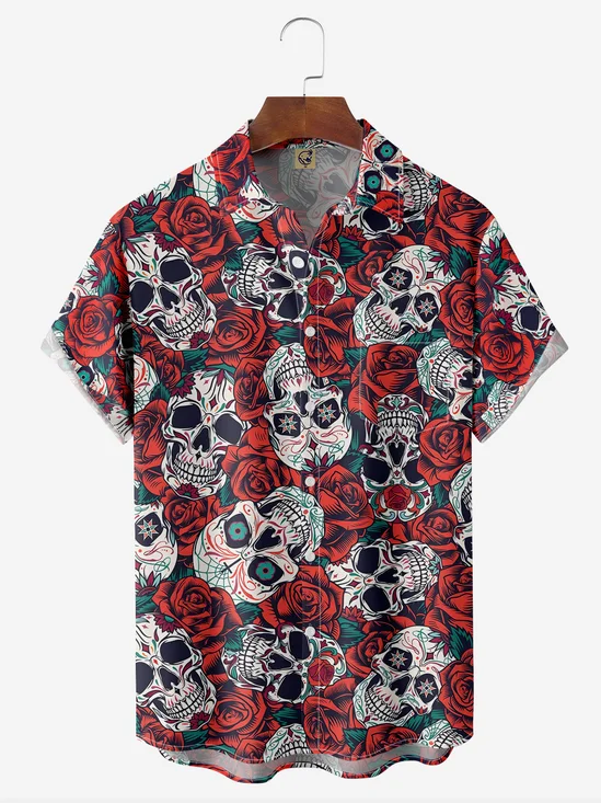 Day of the Dead Skull Chest Pocket Short Sleeve Hawaiian Shirt