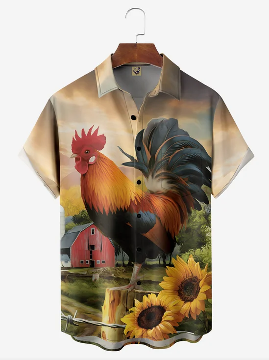 Farm Rooster Chest Pocket Short Sleeve Hawaiian Shirt