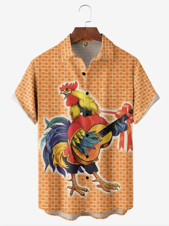 Hardaddy Rooster Guitar Chest Pocket Short Sleeve Casual Shirt