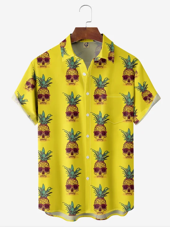 Pineapple Skull Chest Pocket Short Sleeve Hawaiian Shirt