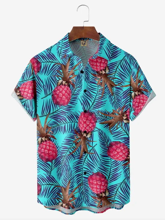 Pineapple Leaves Chest Pocket Short Sleeve Vacation Shirt