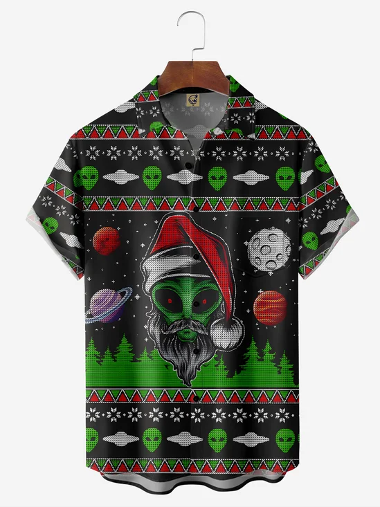 Christmas Alien Chest Pocket Short Sleeve Casual Shirt