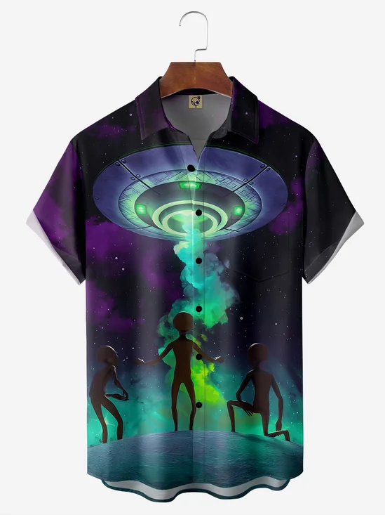 Alien Spaceship Alien Chest Pocket Short Sleeve Casual Shirt