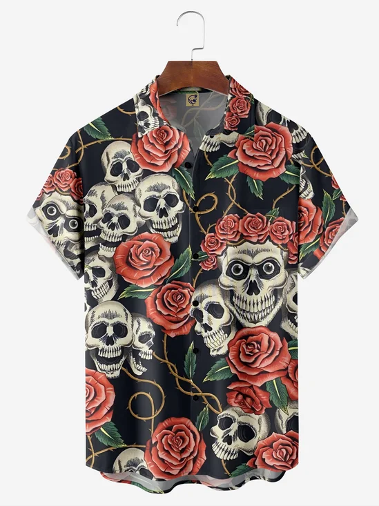 Skull Chest Pocket Short Sleeve Hawaiian Shirt