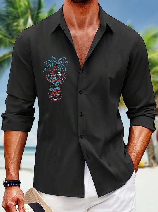 Hardaddy Coconut Tree Palm Print Long Sleeve Casual Shirt