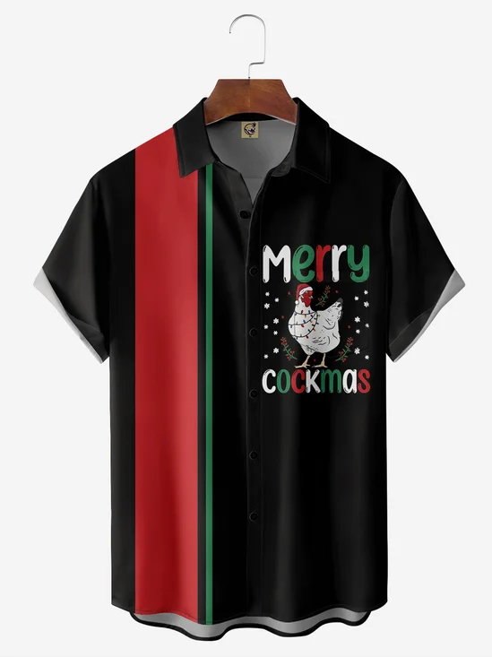 Christmas Rooster Chest Pocket Short Sleeve Bowling Shirt