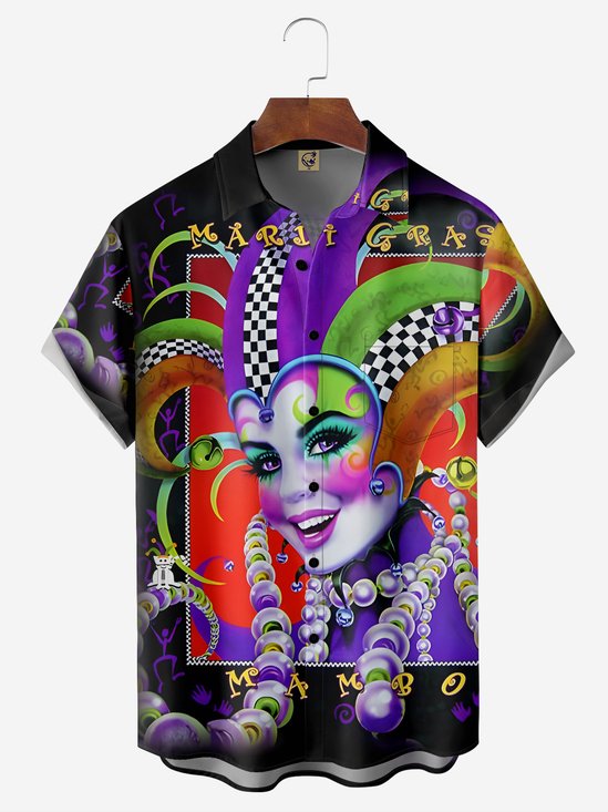 Hardaddy Mardi Gras Mask Chest Pocket Short Sleeve Casual Shirt