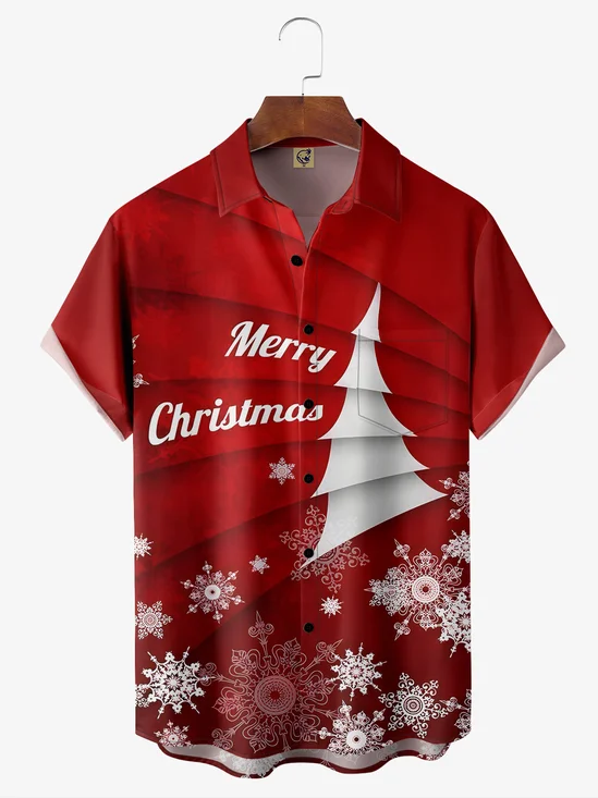 Christmas Tree Gradient Snow Chest Pocket Short Sleeve Vacation Shirt