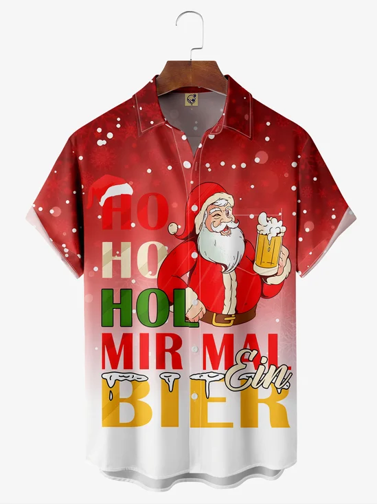 Santa Beer Chest Pocket Short Sleeve Vacation Shirt