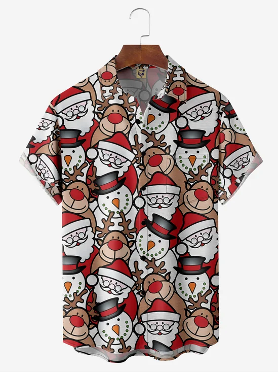 Cartoon Christmas Santa Claus Chest Pocket Short Sleeve Casual Shirt