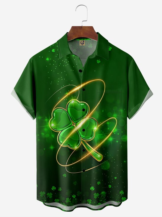 Hardaddy Hawaiian Button Up Shirt For Men Green Irish Parade St. Patrick's Day Lucky Clover Regular Fit Short Sleeve Shirt St Paddy's Day Shirt