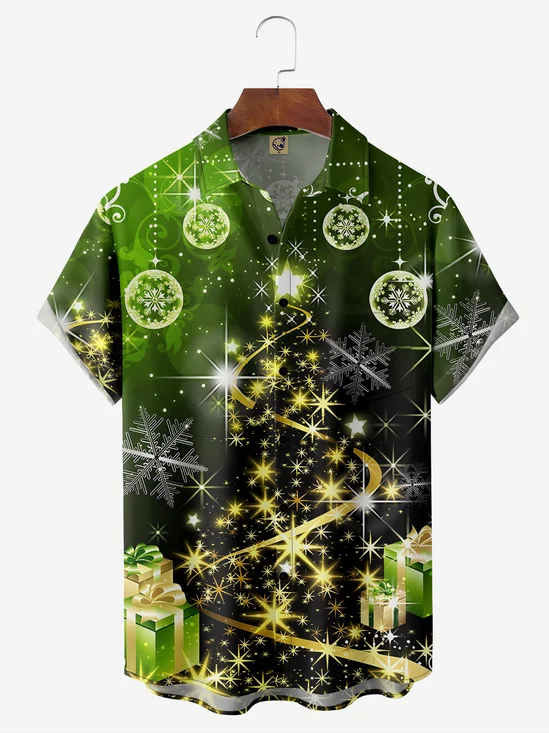 Gold Christmas Tree Chest Pocket Short Sleeve Vacation Shirt