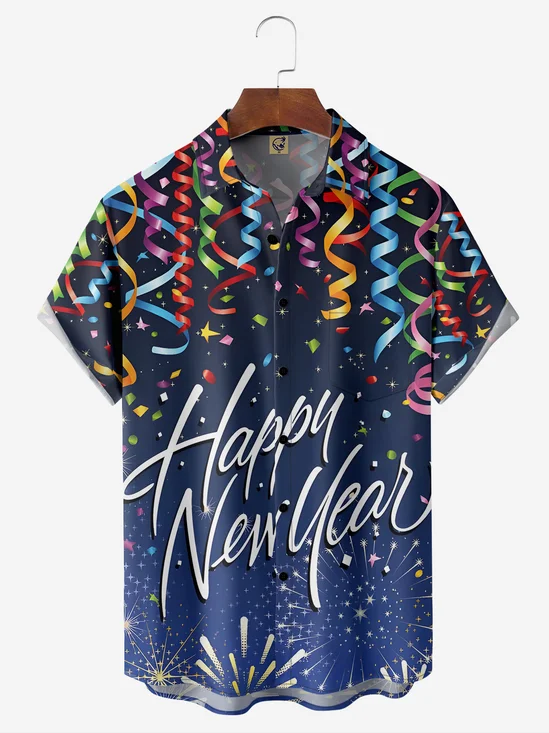 Happy New Year Chest Pocket Short Sleeve Hawaiian Shirt