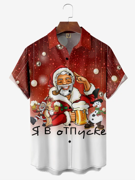 Santa Elk Beer Chest Pocket Short Sleeve Hawaiian Shirt