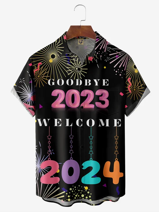 New Year Chest Pocket Short Sleeve Casual Shirt