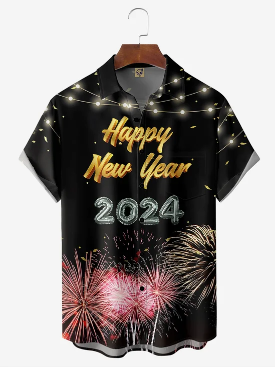 New Year Chest Pocket Short Sleeve Casual Shirt