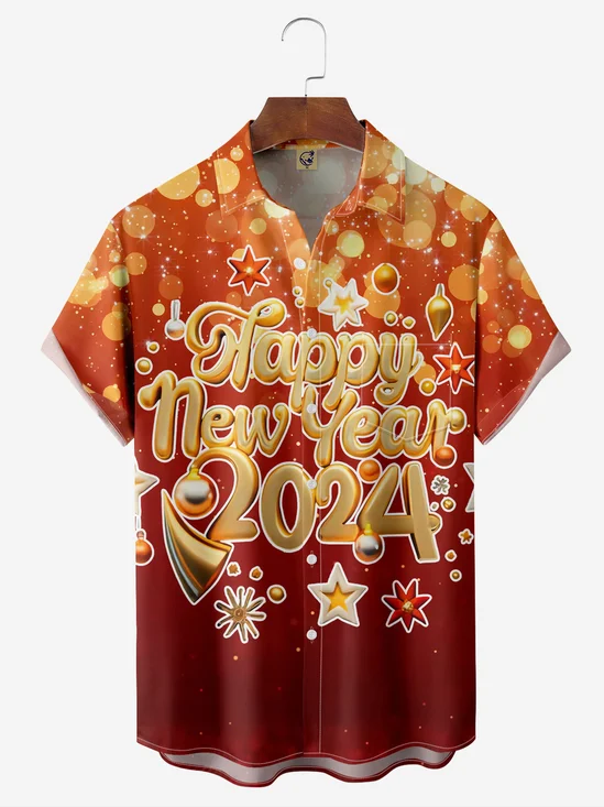 Happy New Year Chest Pocket Short Sleeve Hawaiian Shirt