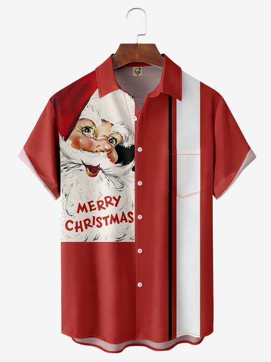 Christmas Santa Claus Chest Pocket Short Sleeve Bowling Shirt