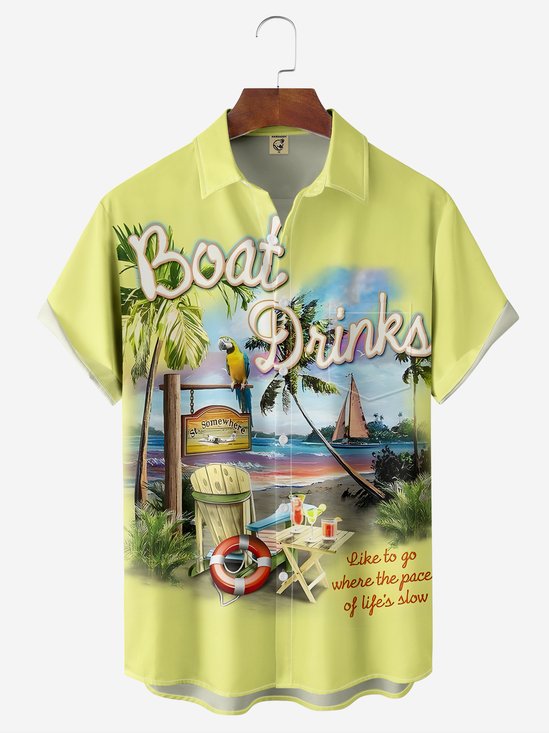 Hardaddy Beach Boat Drinks Scenery Chest Pocket Regular Fit Yellow Short Sleeve Hawaiian Shirt