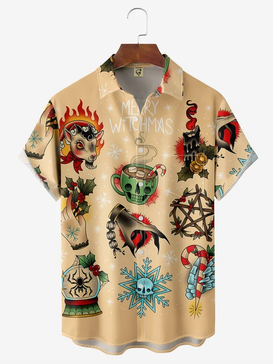Christmas Tattoo Chest Pocket Short Sleeve Casual Shirt