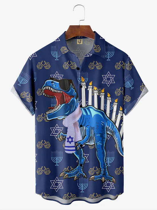 Hanukkah Dinosaur Chest Pocket Short Sleeve Casual Shirt