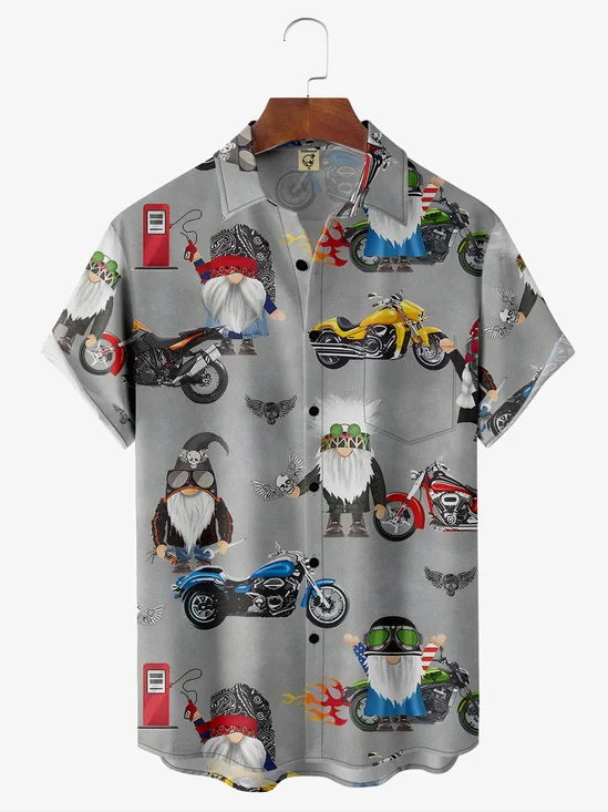 Gnomish Motorcycle Chest Pocket Short Sleeve Casual Shirt