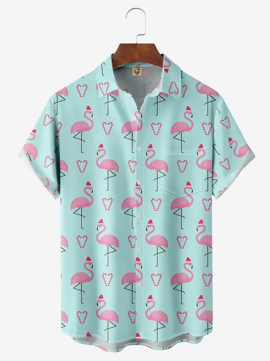 Christmas Flamingo Chest Pocket Short Sleeve Hawaiian Shirt