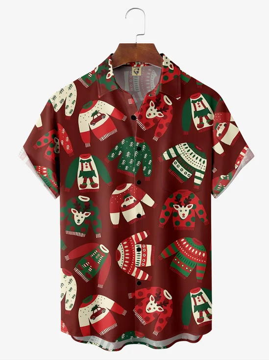 Christmas Sweaters Pattern Chest Pocket Short Sleeve Casual Shirt