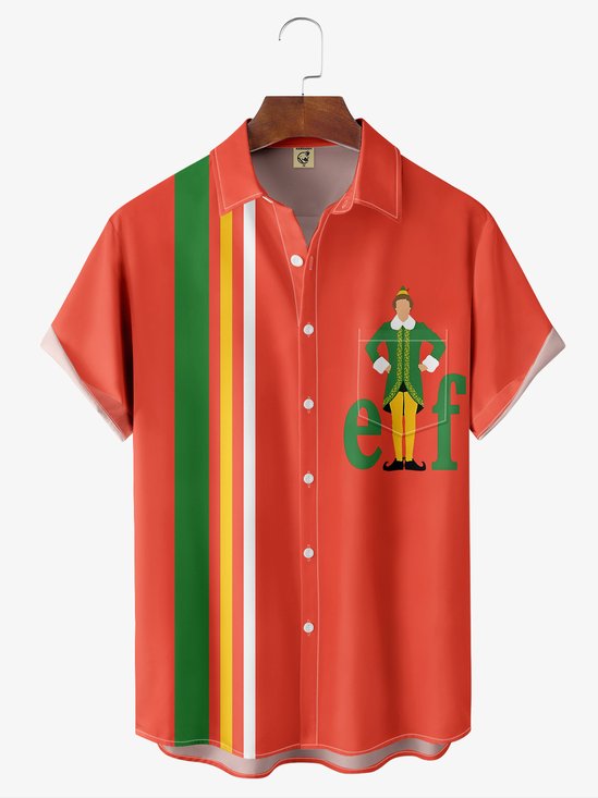 Christmas Elf Chest Pocket Short Sleeve Bowling Shirt