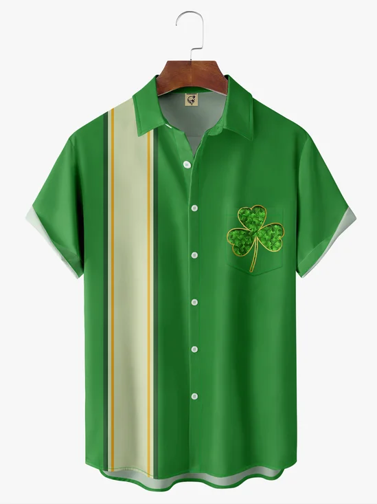St. Patrick's Day Shamrock Chest Pocket Short Sleeve Bowling Shirt