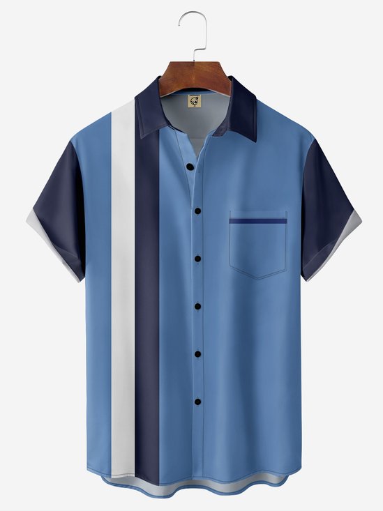 Hardaddy Football Striped Chest Pocket Short Sleeve Bowling Shirt