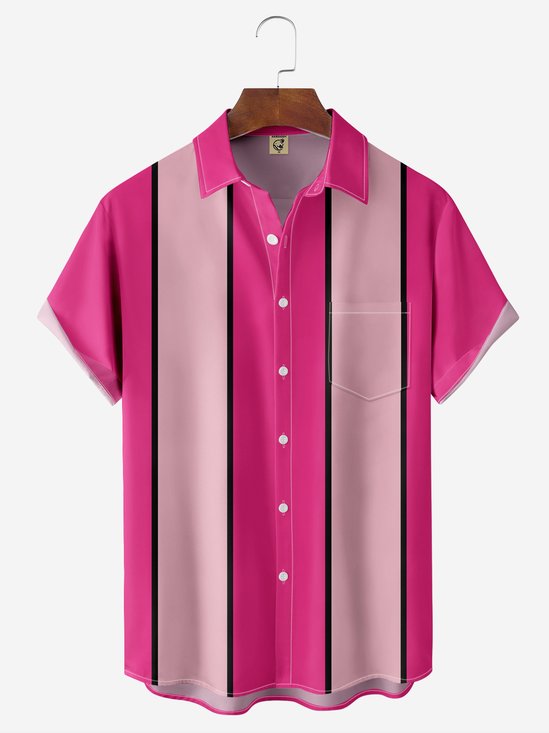 Geometric Contrast Chest Pocket Short Sleeve Bowling Shirt