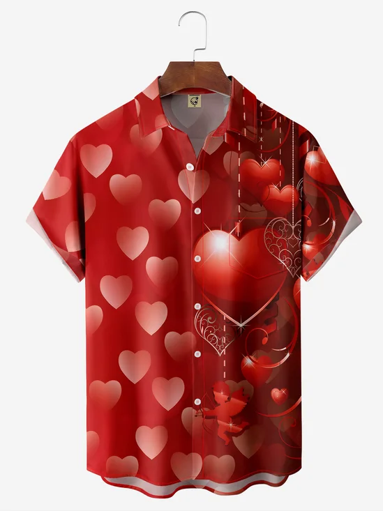 Valentine's Day Heart Chest Pocket Short Sleeve Casual Shirt