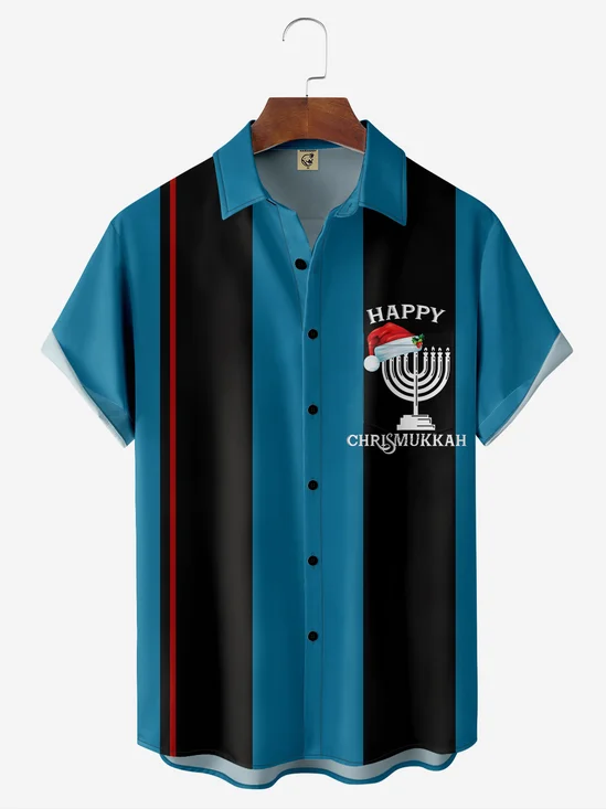 Hanukkah Candle Chest Pocket Short Sleeve Bowling Shirt