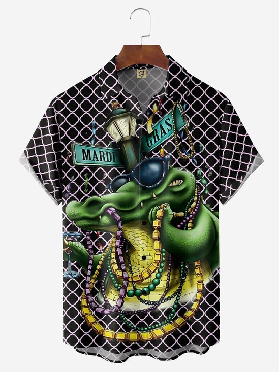 Hardaddy Black Mardi Gras Crocodile Bowling Chest Pocket Regular Fit Short Sleeve Hawaiian Shirt