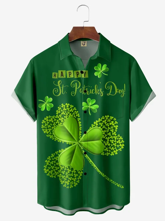 St. Patrick's Day Clover Chest Pocket Short Sleeve Hawaiian Shirt