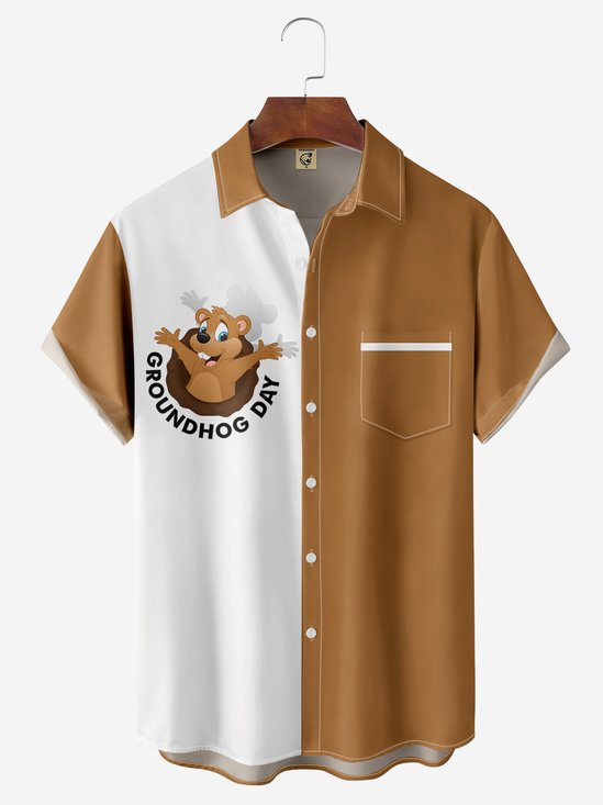 Hardaddy Groundhog Day Chest Pocket Short Sleeve Casual Shirt