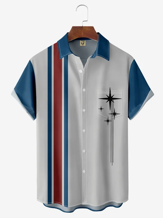 Medieval Geometric Pattern Chest Pocket Short Sleeve Bowling Shirt