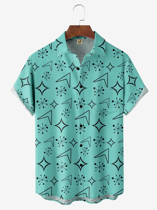 Art Medieval Geometric Pattern Chest Pocket Short Sleeve Casual Shirt