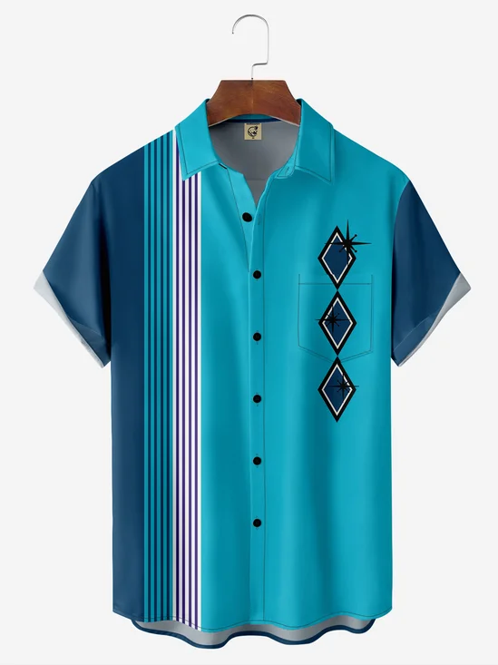 Art Medieval Geometric Pattern Chest Pocket Short Sleeve Bowling Shirt