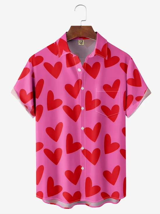 Valentine Heart Chest Pocket Short Sleeve Casual Shirt